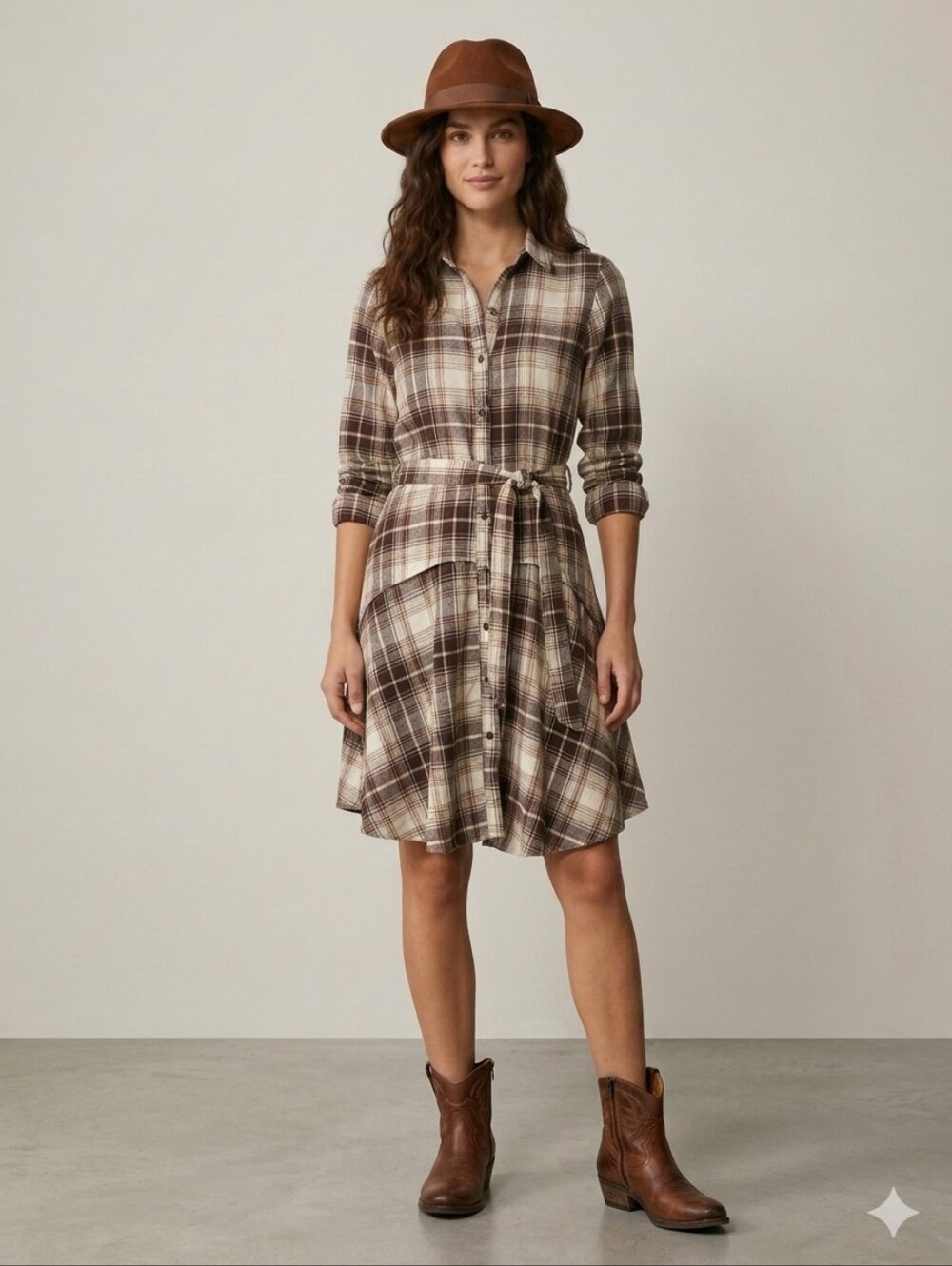 Mexx plaid flannel shirt dress neutral brown and cream checkered Xs P2p18 L39